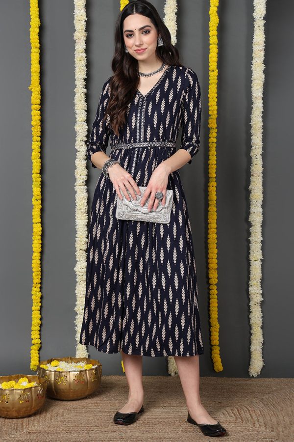 Navy Blue Viscose Rayon Ethnic Motifs Printed A-Line Dress