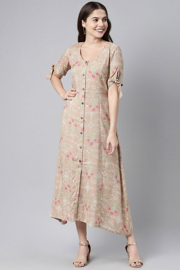 Brown Pure Cotton Floral Print A-Line Midi Dress