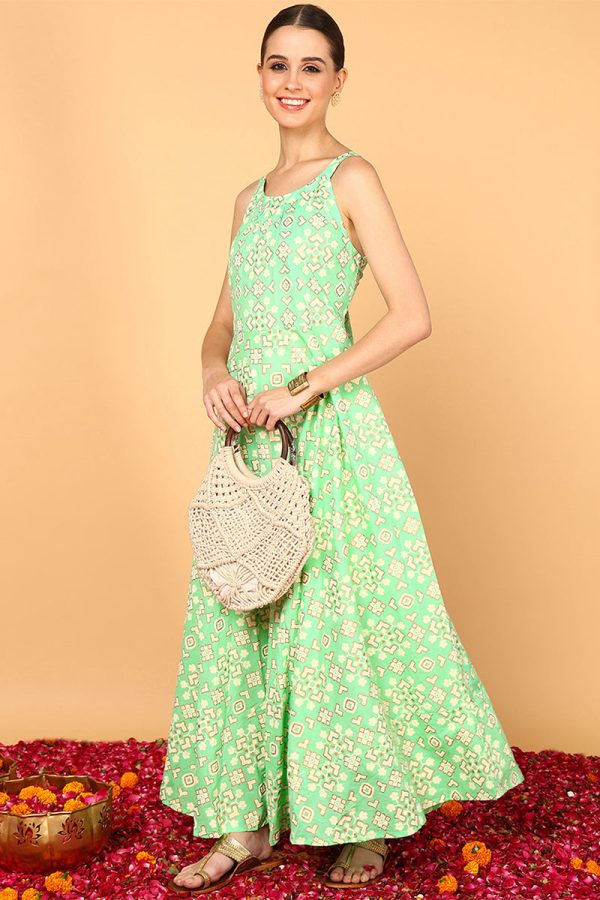 Sea Green Cotton Flared Maxi Dress