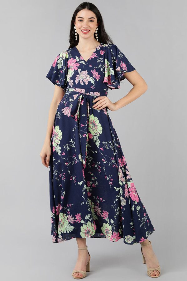 Purple Georgette Floral Printed Flared Maxi Dress