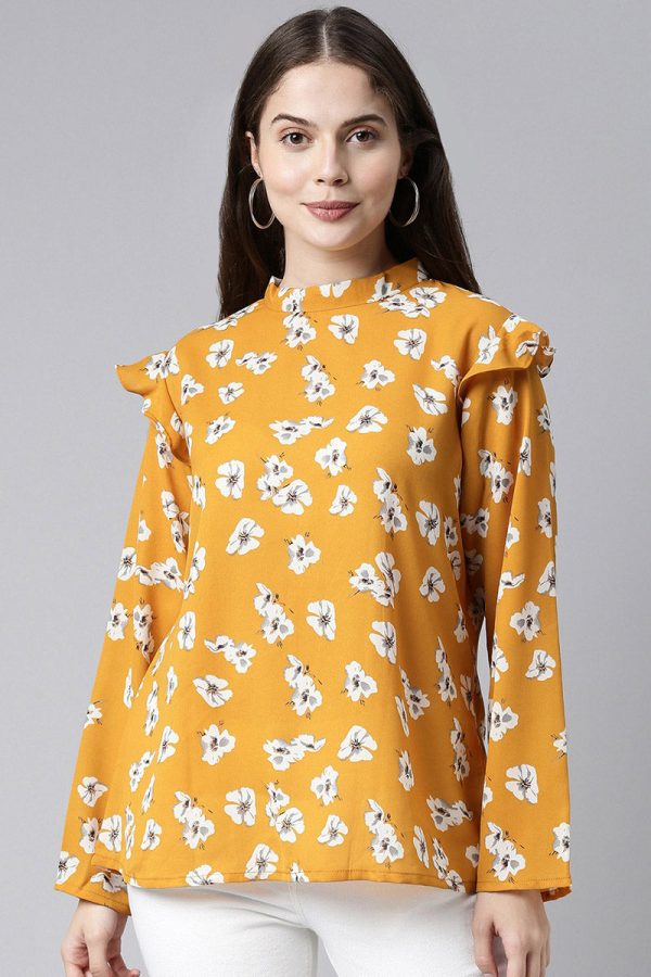 Mustard Georgette Floral Printed Regular Top