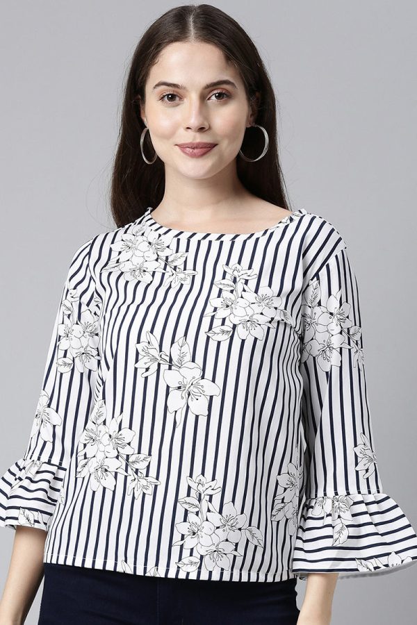 White Poly Crepe Striped Regular Top